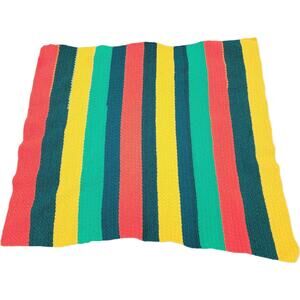 Hand Crochet 70s Style striped Multicolor Afghan Blanket 59"x 54"